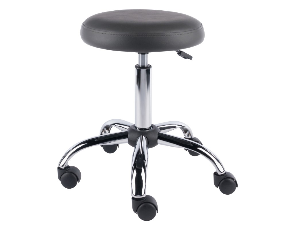Clyde Tall Adjustable Swivel Stool with Round Cushion Seat and Wheels, 26' High, Charcoal/Chrome