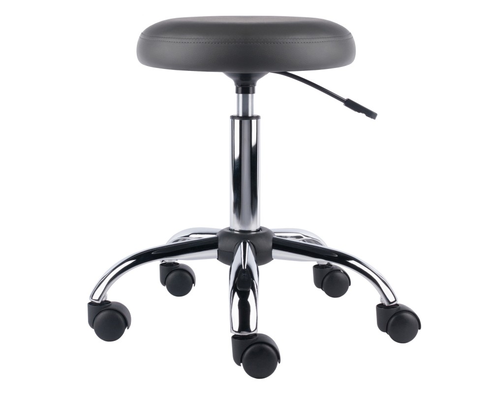Clyde Tall Adjustable Swivel Stool with Round Cushion Seat and Wheels, 26' High, Charcoal/Chrome