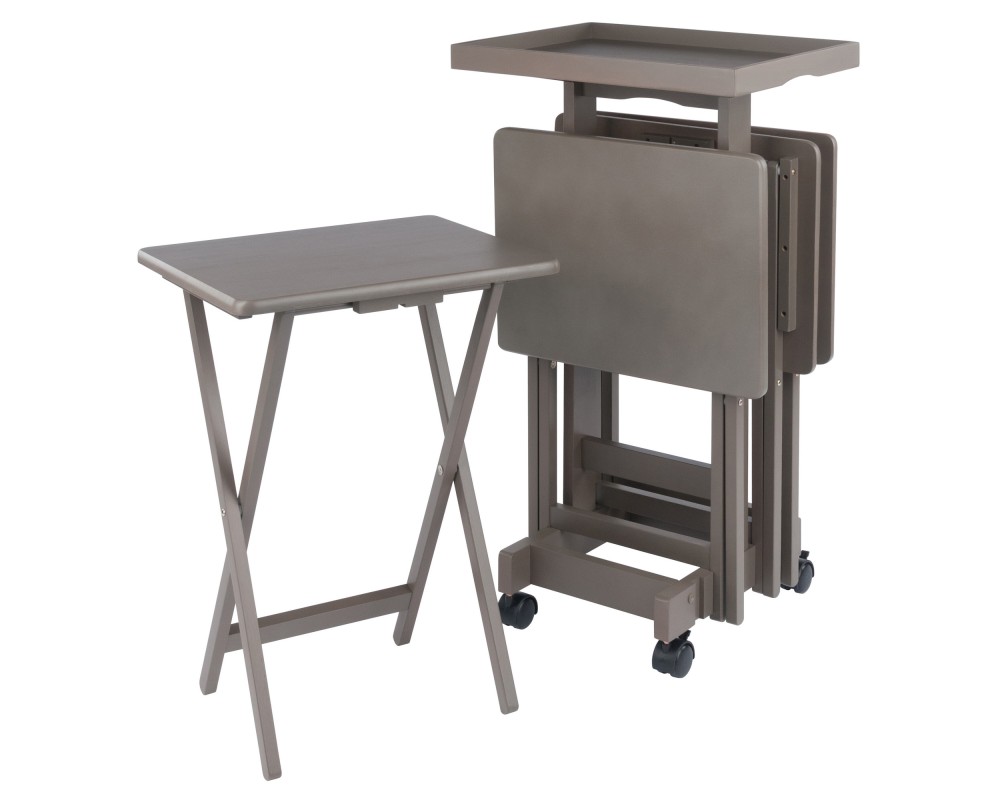 Isabelle Set of 4 Snack Tables with Mobile Stand and Removable Tray, Oyster Gray