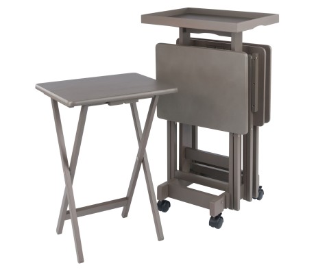 Isabelle Set of 4 Snack Tables with Mobile Stand and Removable Tray, Oyster Gray
