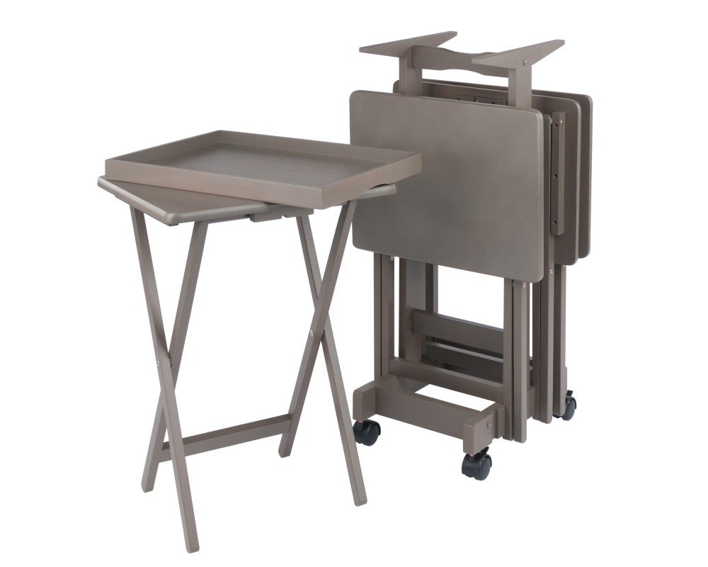 Isabelle Set of 4 Snack Tables with Mobile Stand and Removable Tray, Oyster Gray