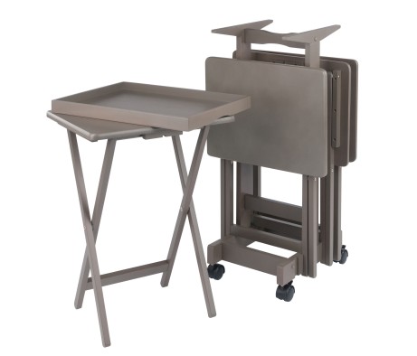Isabelle Set of 4 Snack Tables with Mobile Stand and Removable Tray, Oyster Gray