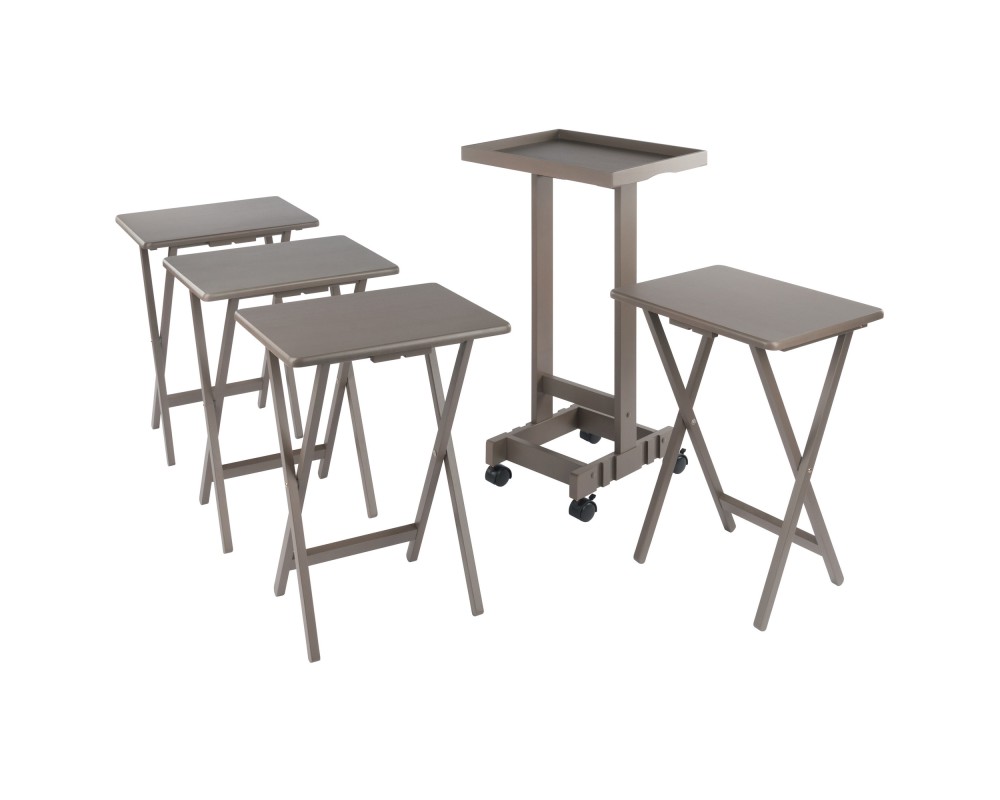 Isabelle Set of 4 Snack Tables with Mobile Stand and Removable Tray, Oyster Gray