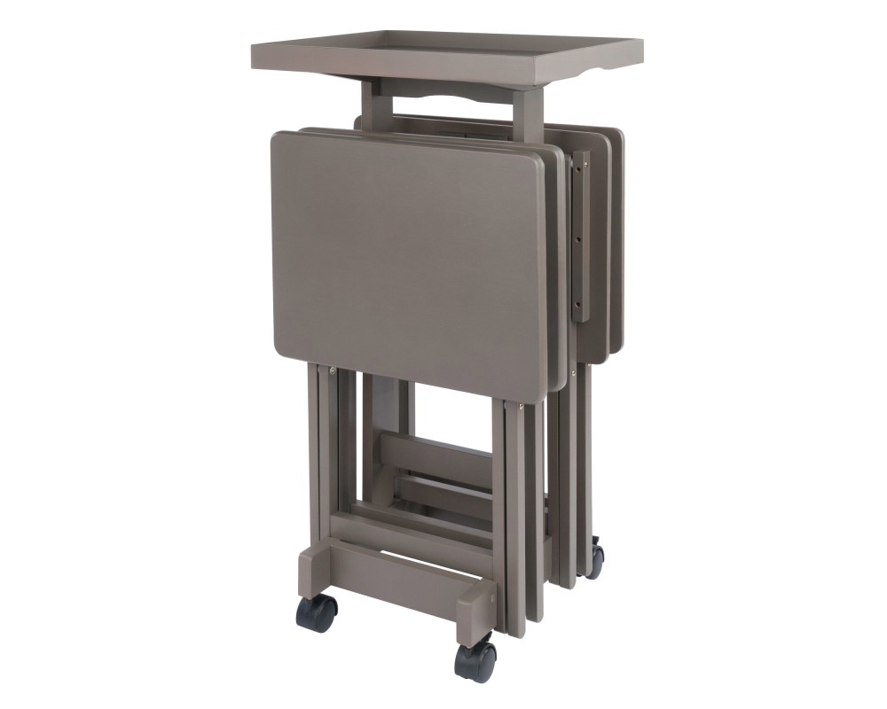 Isabelle Set of 4 Snack Tables with Mobile Stand and Removable Tray, Oyster Gray