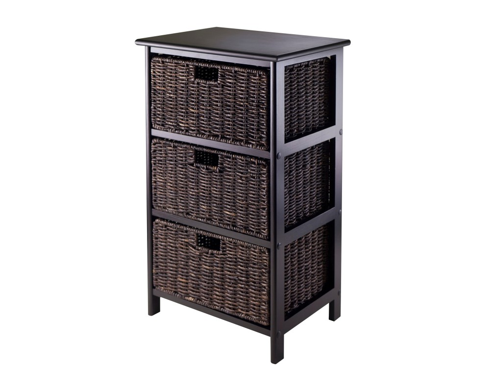 Omaha Storage Rack with 3 Foldable Corn Husk Baskets, Black and Chocolate