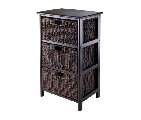 Omaha Storage Rack with 3 Foldable Corn Husk Baskets, Black and Chocolate