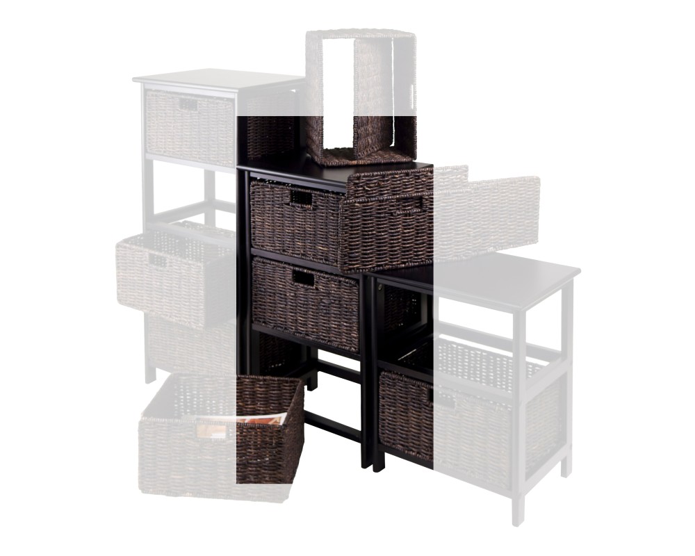 Omaha Storage Rack with 3 Foldable Corn Husk Baskets, Black and Chocolate