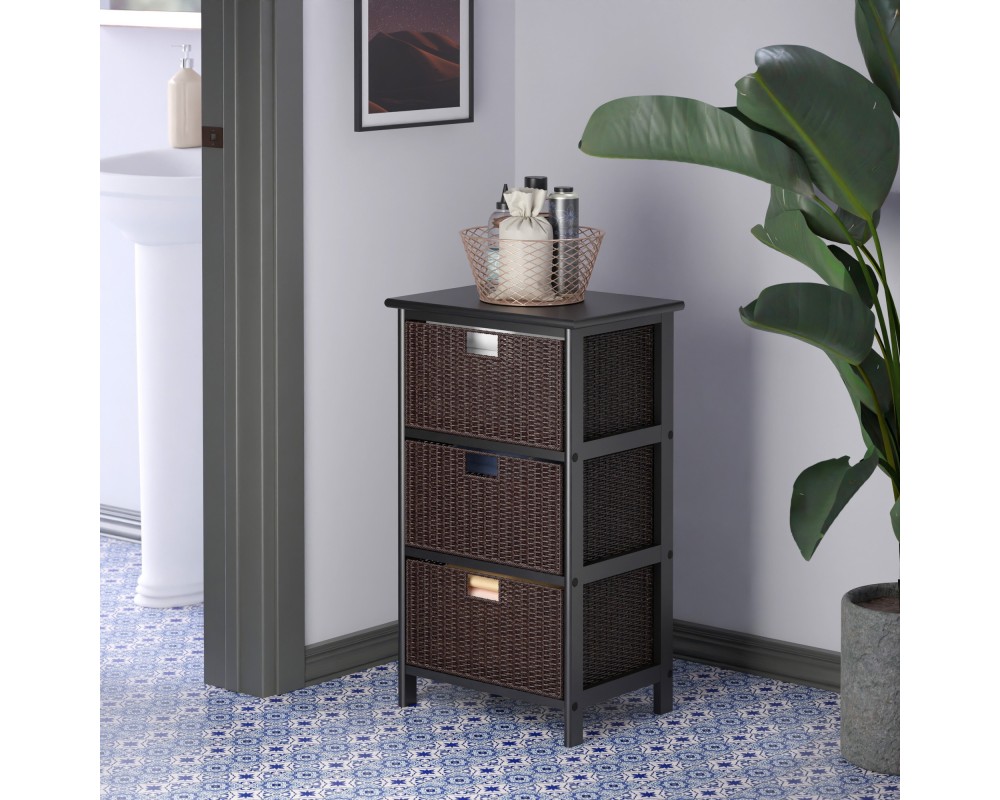 Omaha Storage Rack with 3 Foldable Corn Husk Baskets, Black and Chocolate