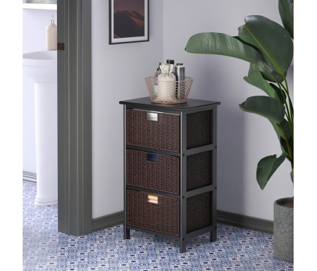 Omaha Storage Rack with 3 Foldable Corn Husk Baskets, Black and Chocolate