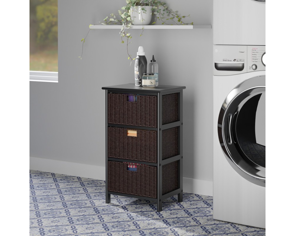 Omaha Storage Rack with 3 Foldable Corn Husk Baskets, Black and Chocolate