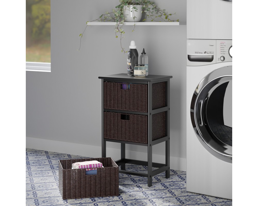Omaha Storage Rack with 3 Foldable Corn Husk Baskets, Black and Chocolate