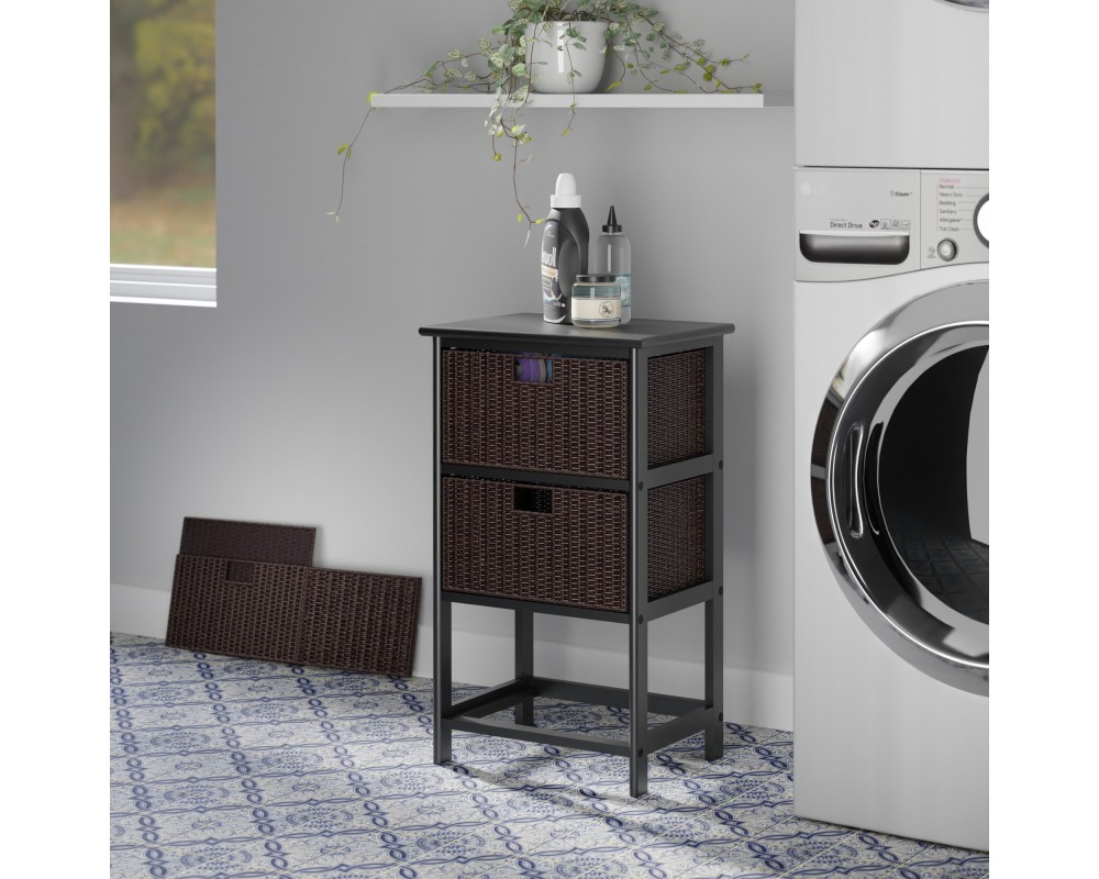 Omaha Storage Rack with 3 Foldable Corn Husk Baskets, Black and Chocolate