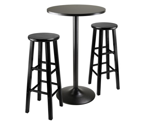 Obsidian 3-Pc Round Bar Height Table with 2 Square Leg Bar Stools, Black