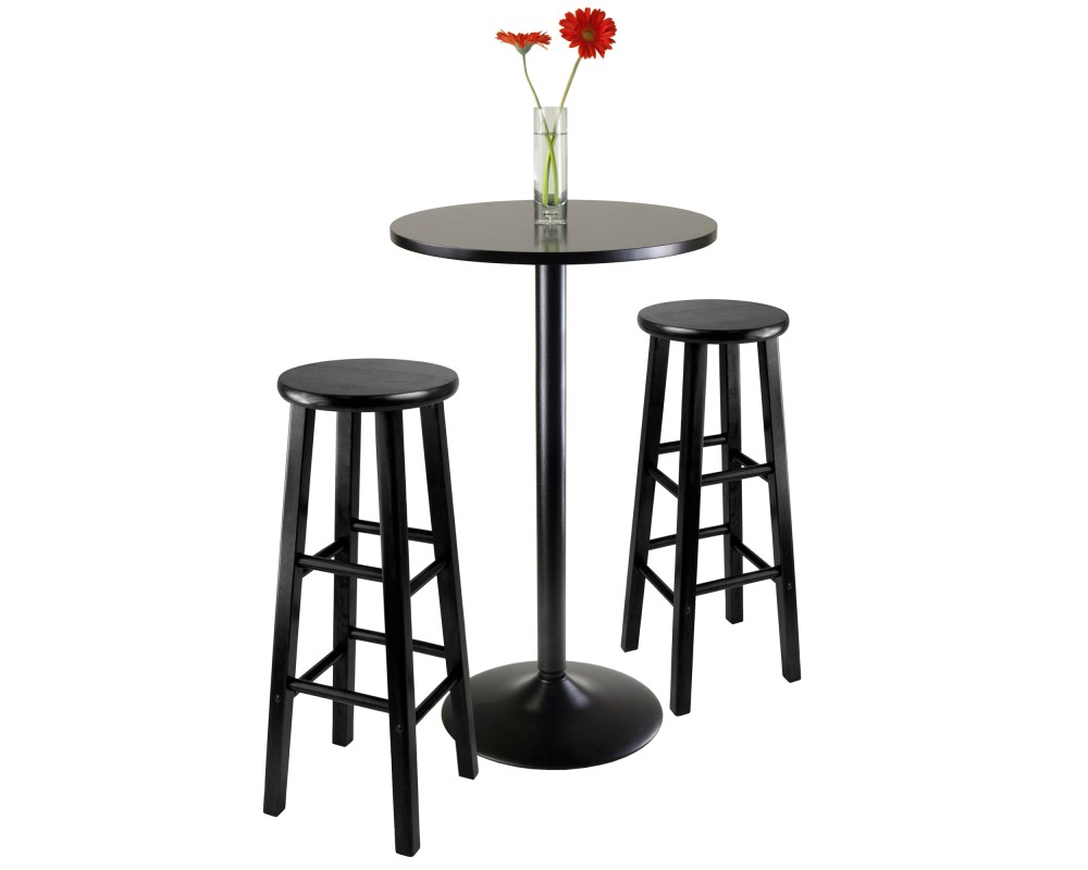 Obsidian 3-Pc Round Bar Height Table with 2 Square Leg Bar Stools, Black