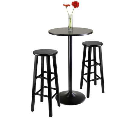 Obsidian 3-Pc Round Bar Height Table with 2 Square Leg Bar Stools, Black