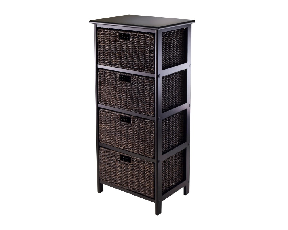 Omaha Storage Rack with 4 Foldable Corn Husk Baskets, Black and Chocolate