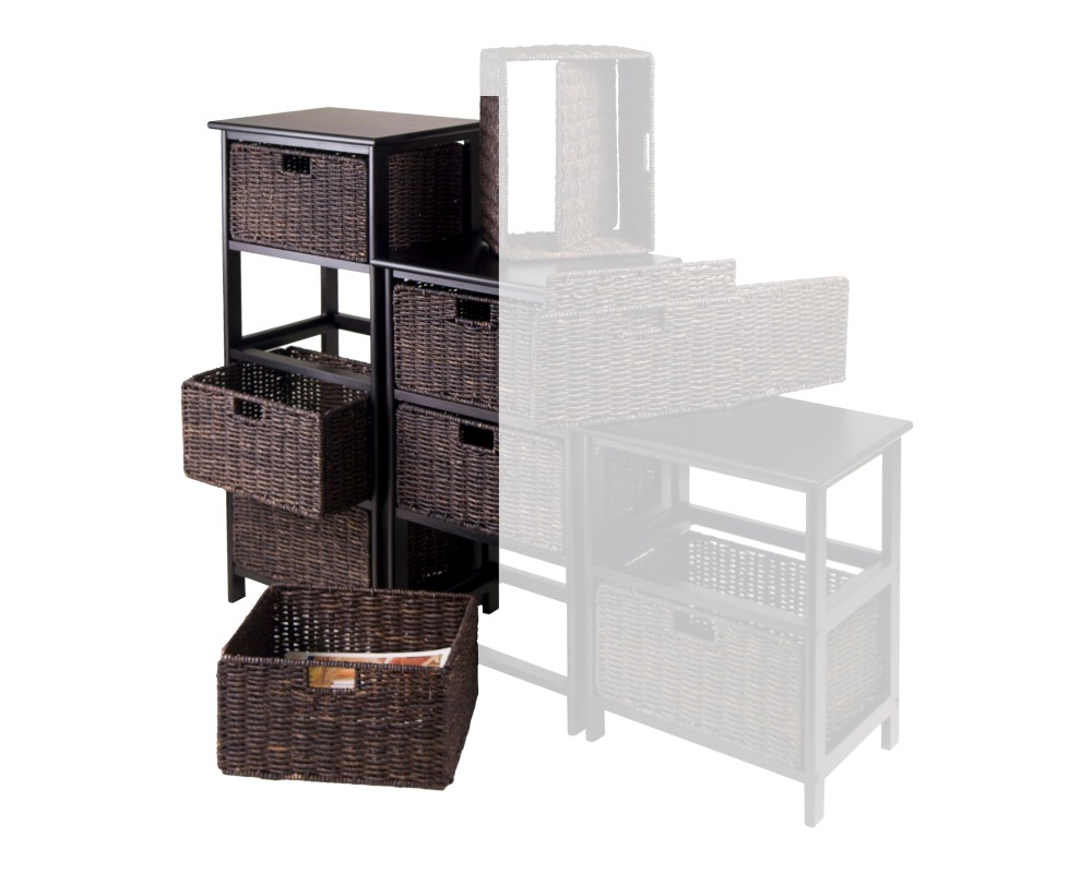 Omaha Storage Rack with 4 Foldable Corn Husk Baskets, Black and Chocolate