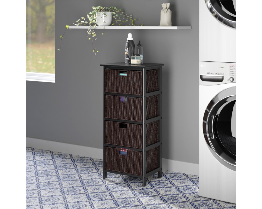 Omaha Storage Rack with 4 Foldable Corn Husk Baskets, Black and Chocolate