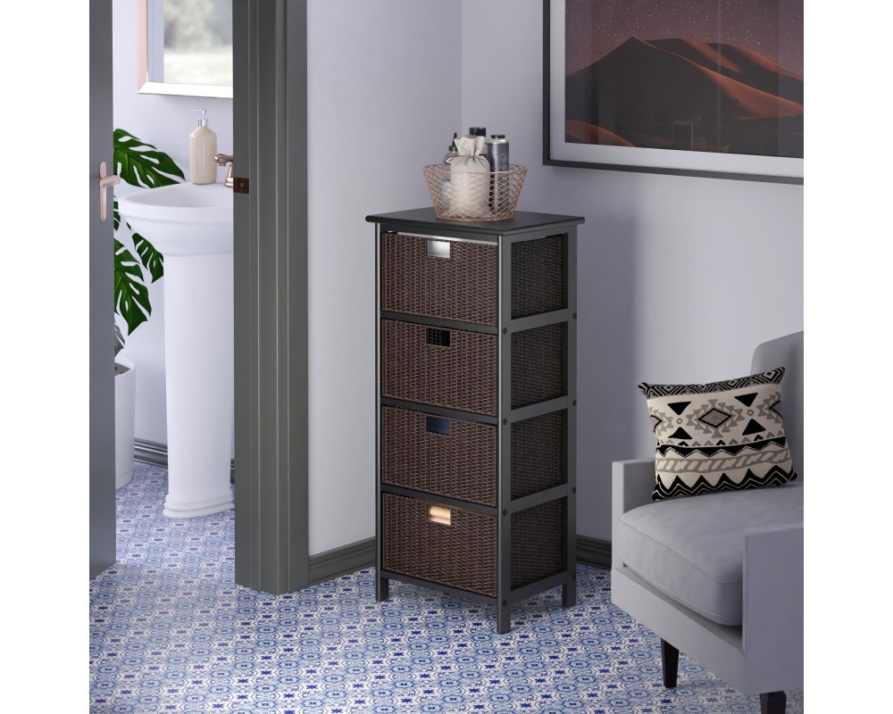 Omaha Storage Rack with 4 Foldable Corn Husk Baskets, Black and Chocolate