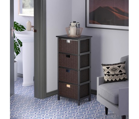 Omaha Storage Rack with 4 Foldable Corn Husk Baskets, Black and Chocolate