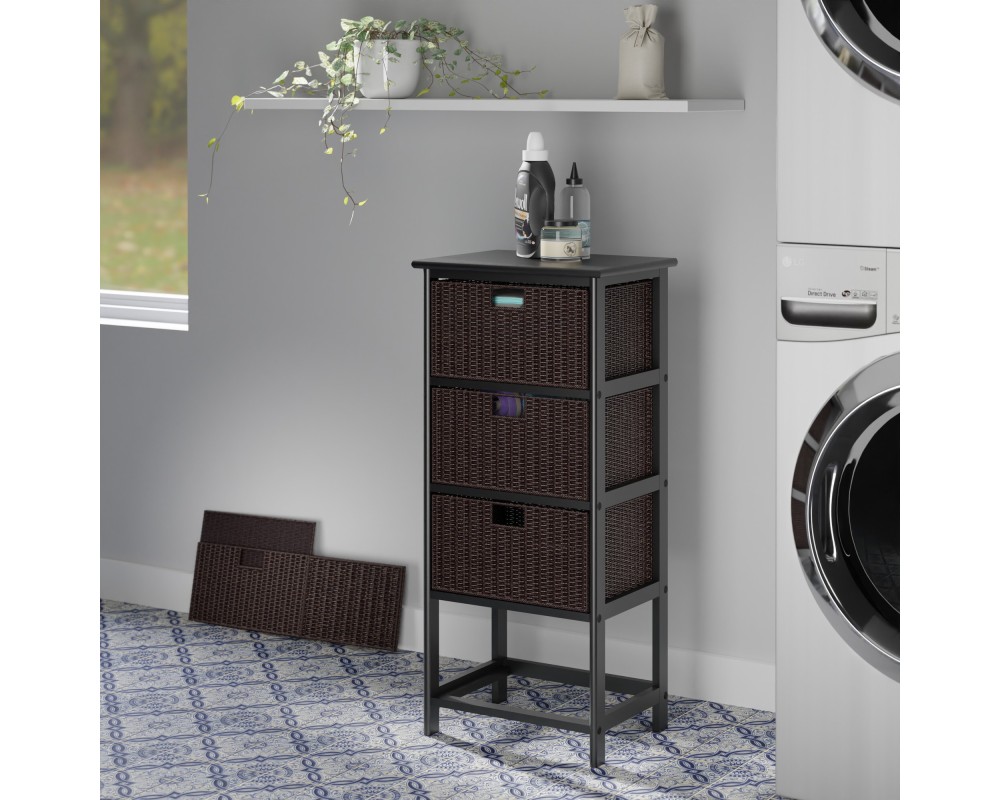 Omaha Storage Rack with 4 Foldable Corn Husk Baskets, Black and Chocolate