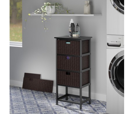 Omaha Storage Rack with 4 Foldable Corn Husk Baskets, Black and Chocolate