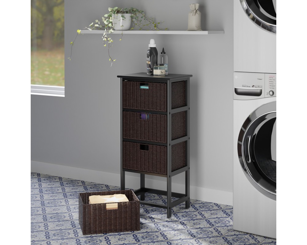 Omaha Storage Rack with 4 Foldable Corn Husk Baskets, Black and Chocolate