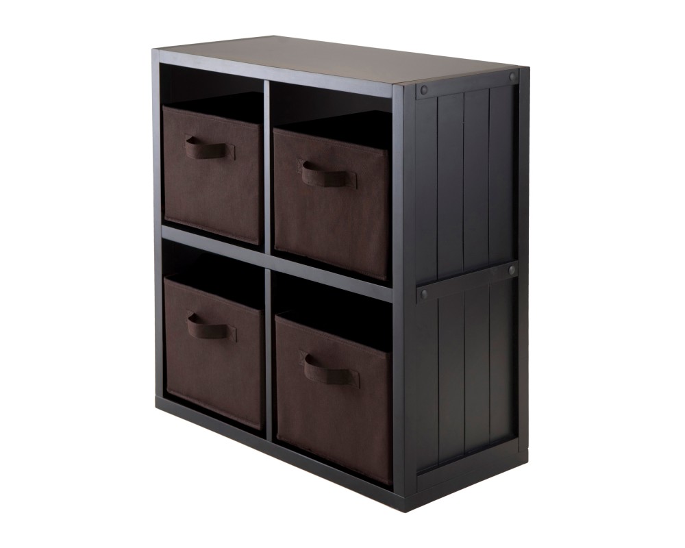 Timothy 5-Pc 2x2 Storage Shelf with 4 Foldable Fabric Baskets, Black and Chocolate