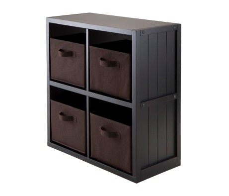 Timothy 5-Pc 2x2 Storage Shelf with 4 Foldable Fabric Baskets, Black and Chocolate