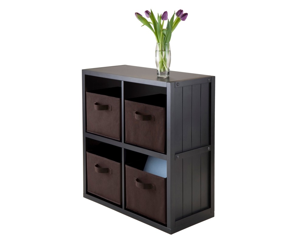 Timothy 5-Pc 2x2 Storage Shelf with 4 Foldable Fabric Baskets, Black and Chocolate