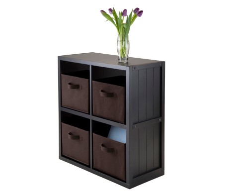 Timothy 5-Pc 2x2 Storage Shelf with 4 Foldable Fabric Baskets, Black and Chocolate