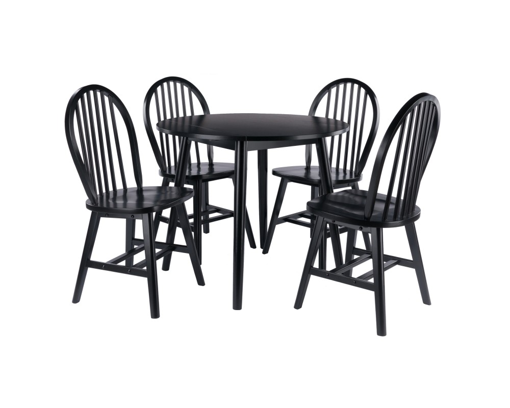 Moreno Extendable Round Dining Table with 4 Windsor Chairs, 35' Wide, Black