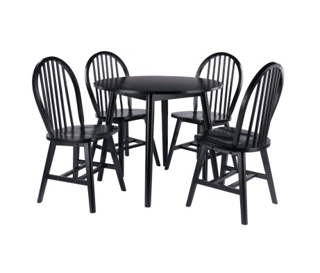 Moreno Extendable Round Dining Table with 4 Windsor Chairs, 35' Wide, Black