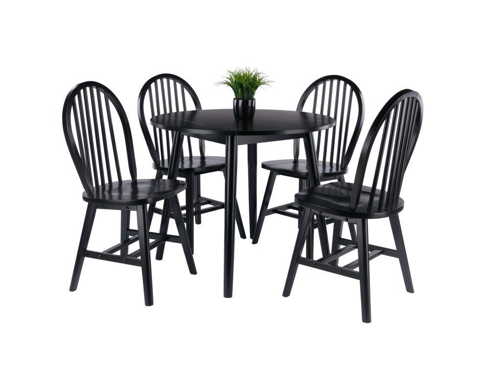 Moreno Extendable Round Dining Table with 4 Windsor Chairs, 35' Wide, Black