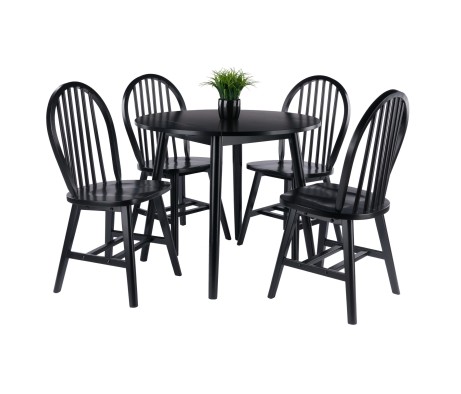 Moreno Extendable Round Dining Table with 4 Windsor Chairs, 35' Wide, Black