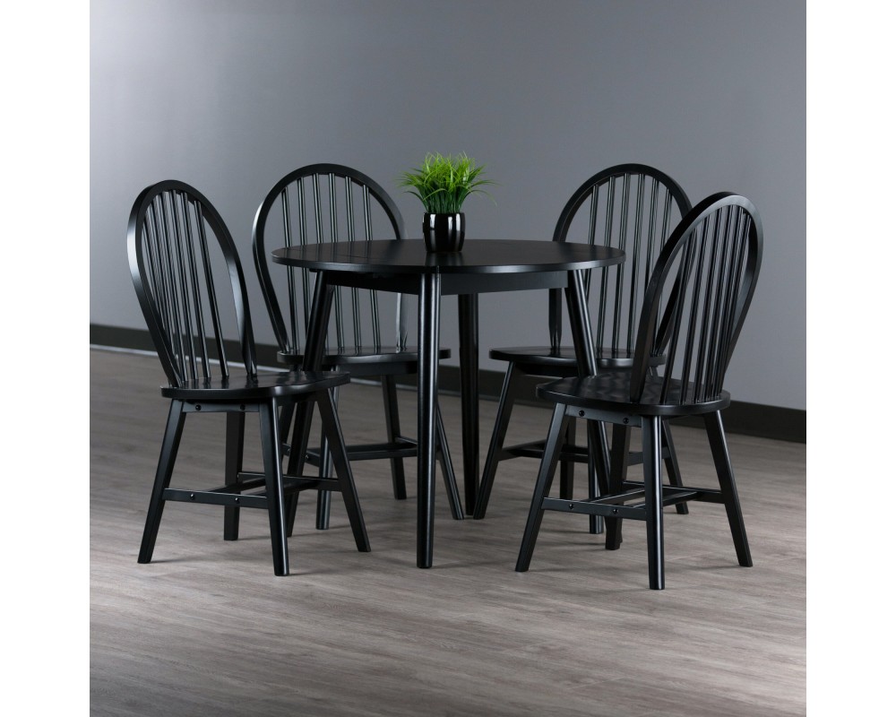 Moreno Extendable Round Dining Table with 4 Windsor Chairs, 35' Wide, Black
