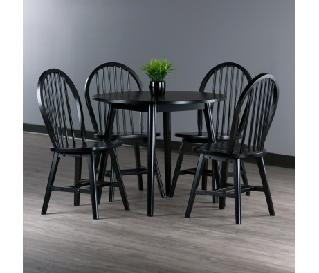 Moreno Extendable Round Dining Table with 4 Windsor Chairs, 35' Wide, Black