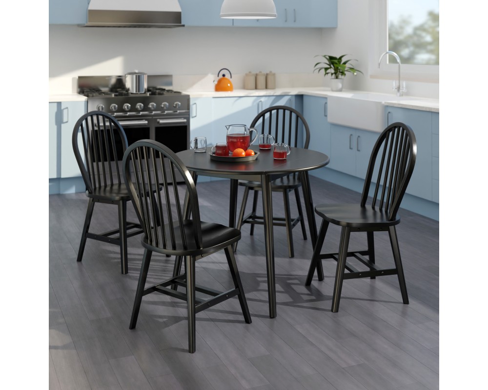 Moreno Extendable Round Dining Table with 4 Windsor Chairs, 35' Wide, Black