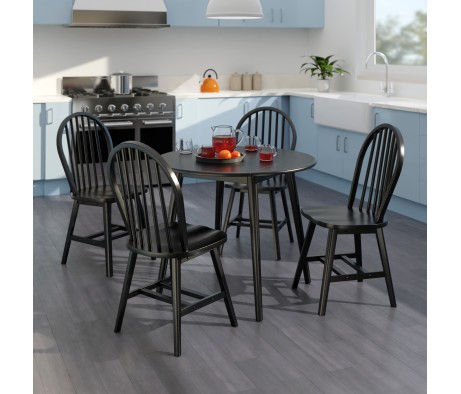 Moreno Extendable Round Dining Table with 4 Windsor Chairs, 35' Wide, Black