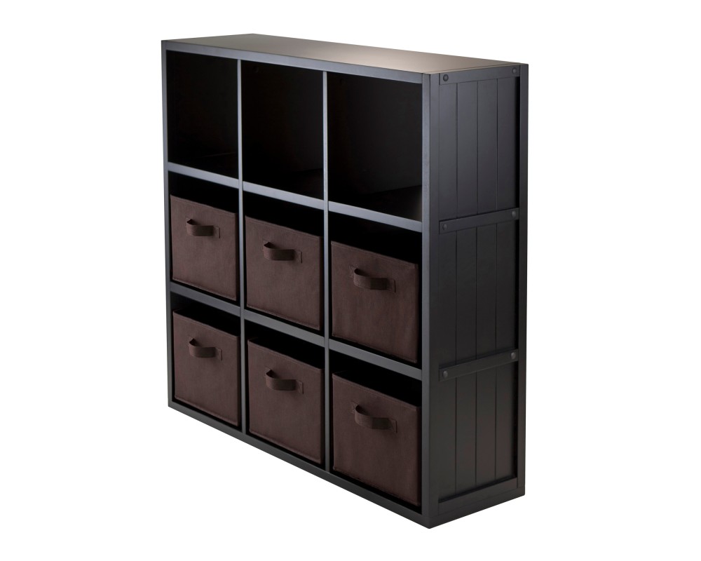 Timothy 7-Pc 3x3 Storage Shelf with 6 Foldable Fabric Baskets, Black and Chocolate