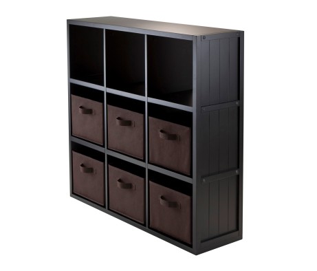 Timothy 7-Pc 3x3 Storage Shelf with 6 Foldable Fabric Baskets, Black and Chocolate