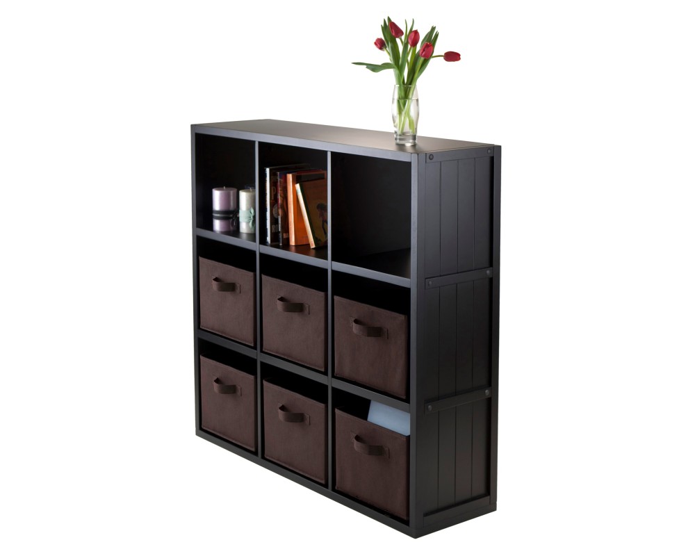 Timothy 7-Pc 3x3 Storage Shelf with 6 Foldable Fabric Baskets, Black and Chocolate