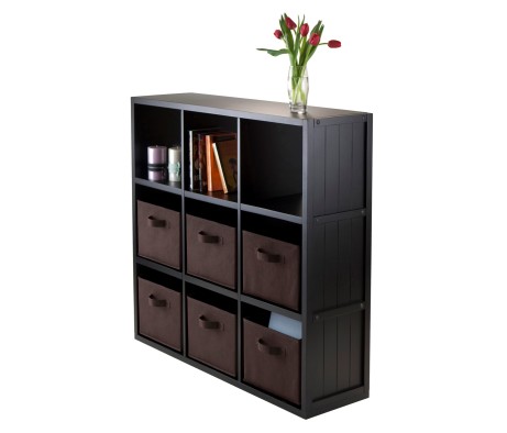 Timothy 7-Pc 3x3 Storage Shelf with 6 Foldable Fabric Baskets, Black and Chocolate