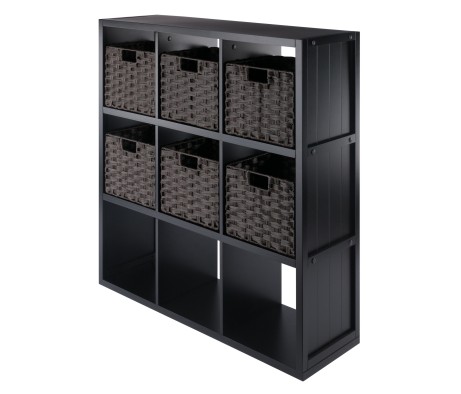 Timothy 7-Pc 3x3 Storage Shelf with 6 Foldable Woven Fiber Baskets, Black and Chocolate