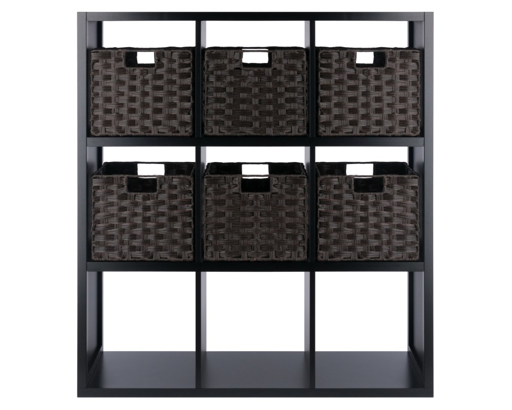 Timothy 7-Pc 3x3 Storage Shelf with 6 Foldable Woven Fiber Baskets, Black and Chocolate