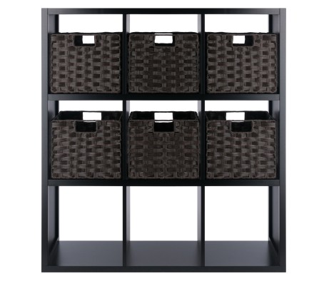 Timothy 7-Pc 3x3 Storage Shelf with 6 Foldable Woven Fiber Baskets, Black and Chocolate