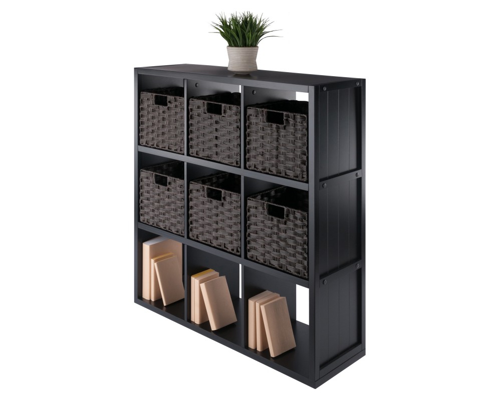 Timothy 7-Pc 3x3 Storage Shelf with 6 Foldable Woven Fiber Baskets, Black and Chocolate