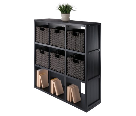 Timothy 7-Pc 3x3 Storage Shelf with 6 Foldable Woven Fiber Baskets, Black and Chocolate