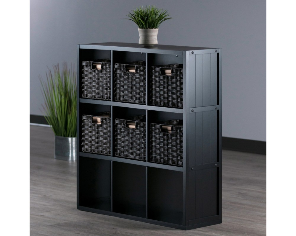 Timothy 7-Pc 3x3 Storage Shelf with 6 Foldable Woven Fiber Baskets, Black and Chocolate