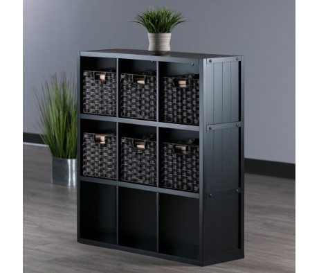 Timothy 7-Pc 3x3 Storage Shelf with 6 Foldable Woven Fiber Baskets, Black and Chocolate